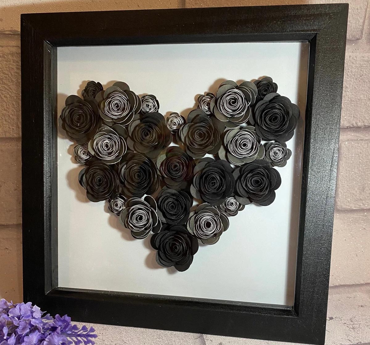 Paper Flower Heart Box Frame Black and Grey